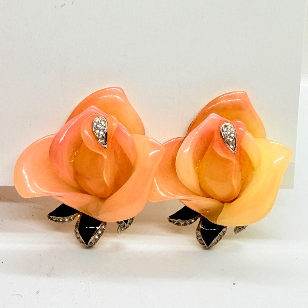 Kenneth Jay KJL Lane Peach‎ Rose & Rhinestone Clip On Earrings Vintage 1990’s